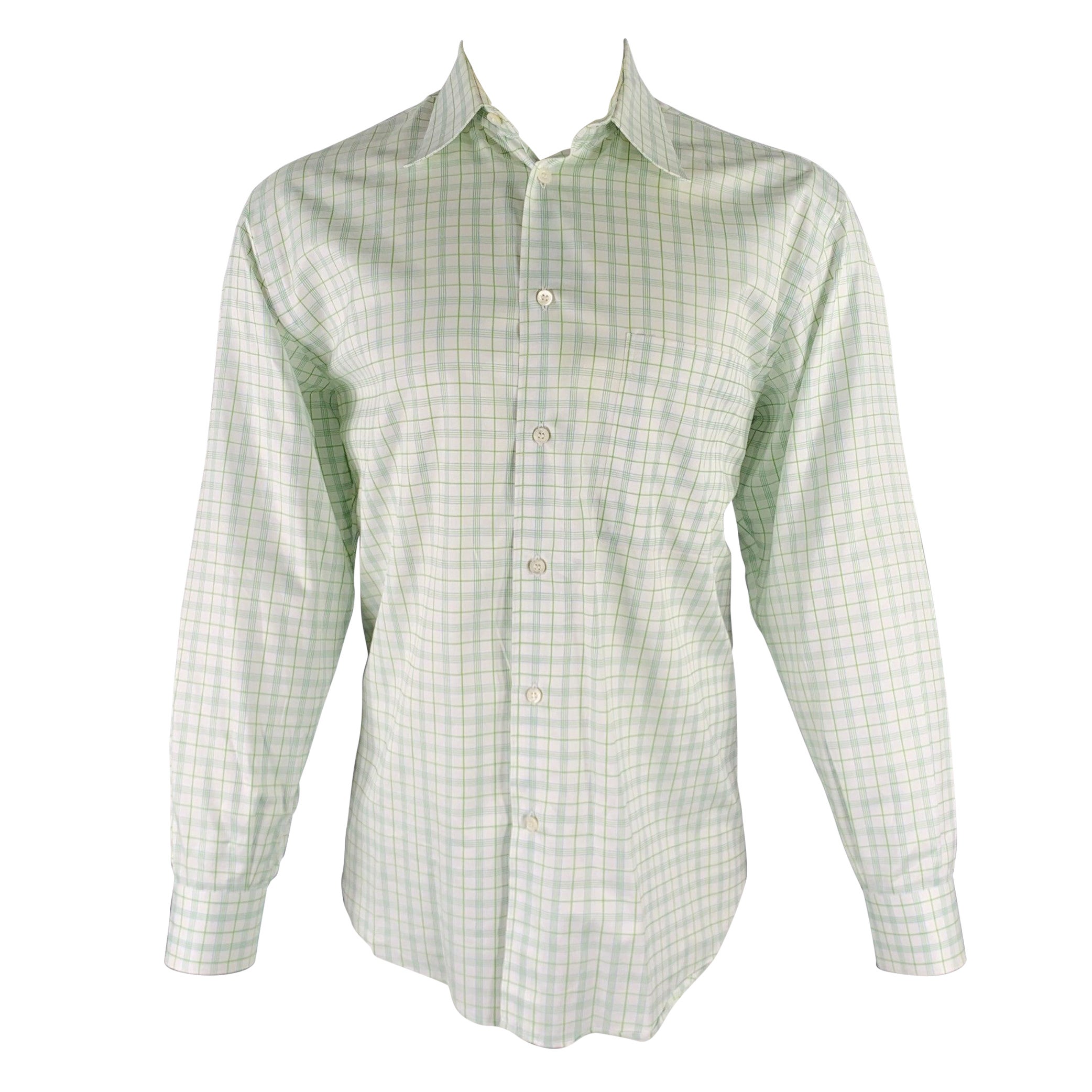 BRIONI Size M White Green Plaid Cotton Button Up Long Sleeve Shirt For Sale