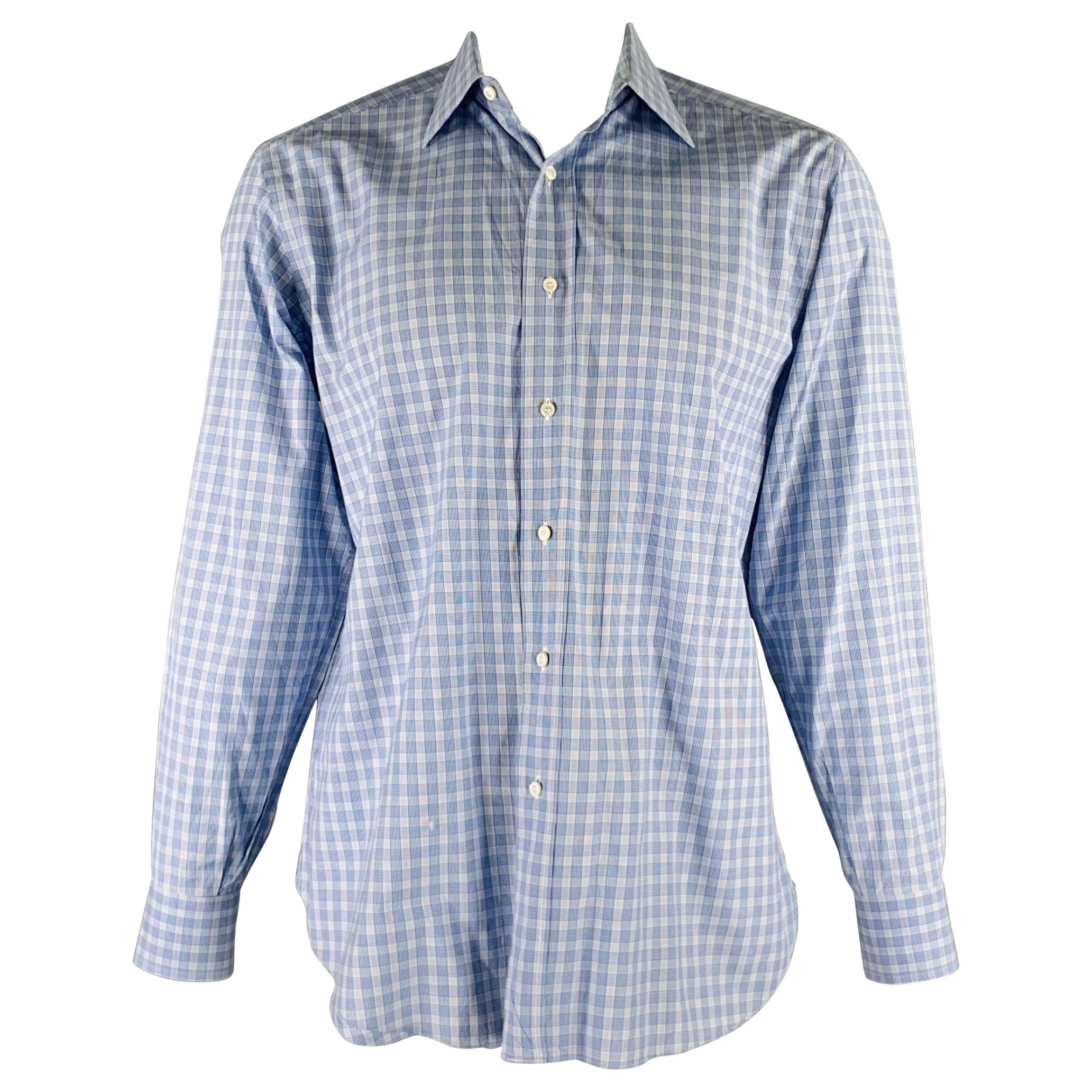 BRIONI Size L Blue Light Blue Plaid Cotton Button Up Long Sleeve Shirt For Sale