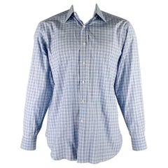 BRIONI Taglia L Camicia a maniche lunghe in cotone a quadri blu chiaro