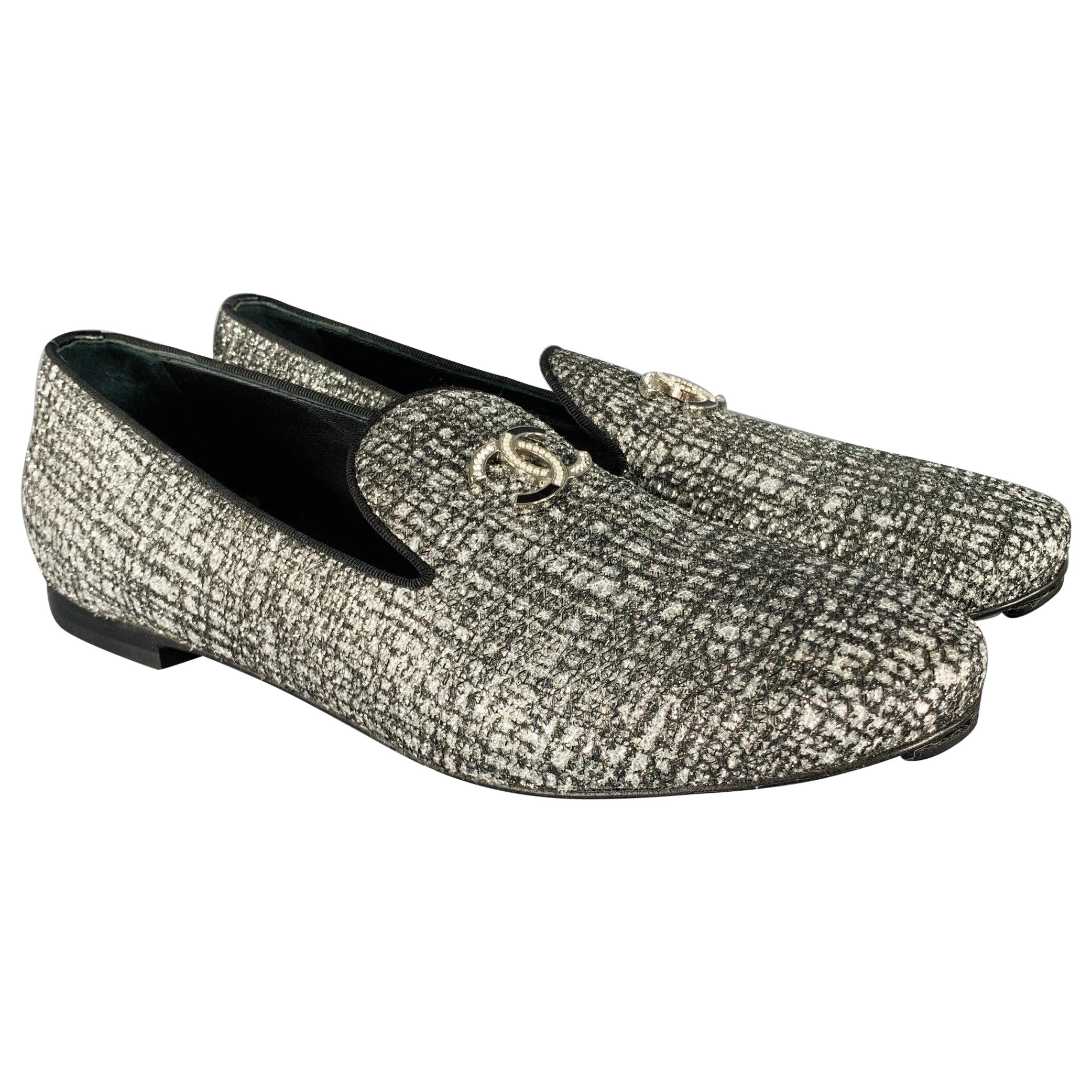 CHANEL Size 8 CC Silver Black Glitter Loafer Flats