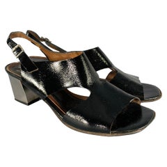 MARNI Size 8 Black Silver Patent Leather Chunky Heel Sandals