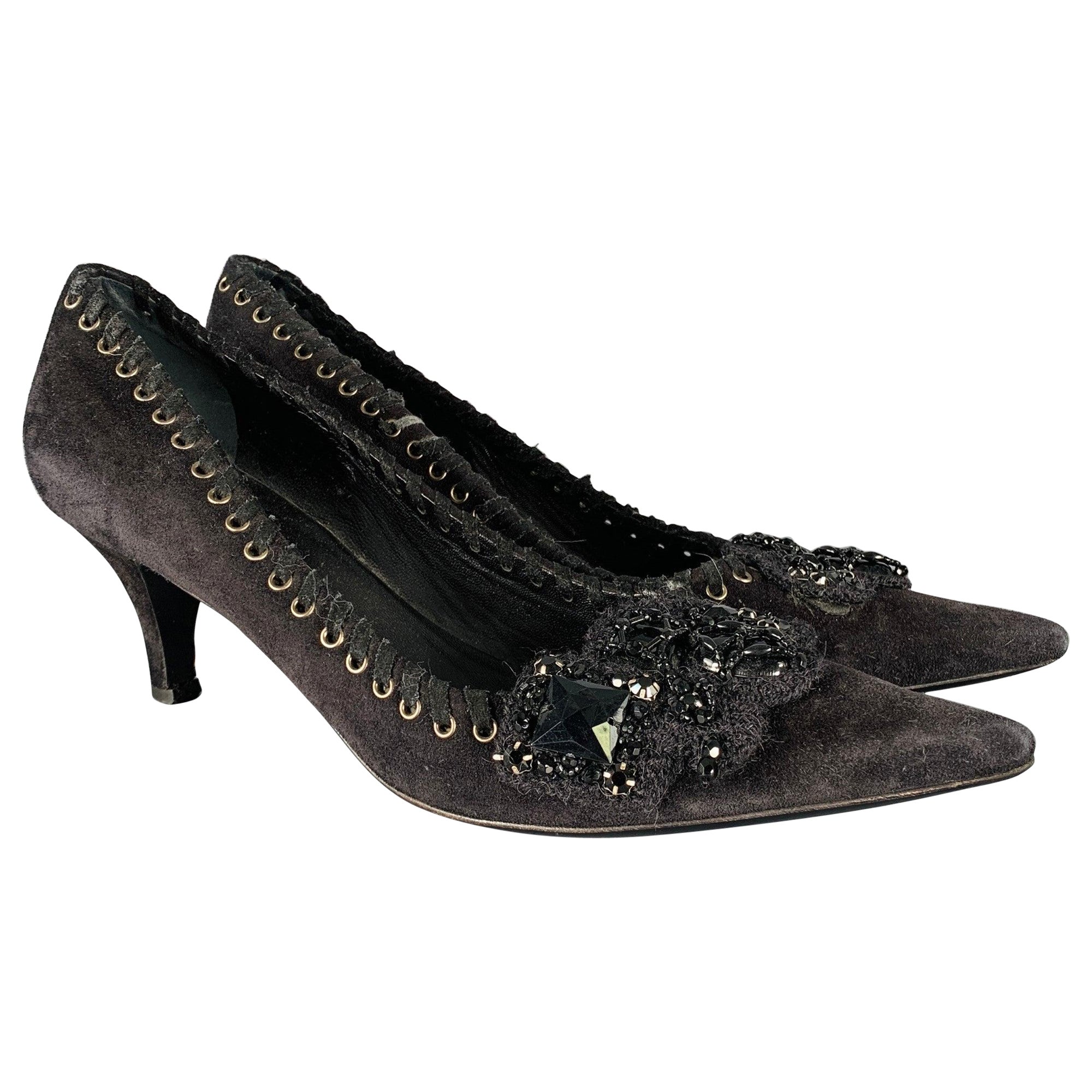 PRADA Size 7.5 Black Suede Beaded Embellishment Heels Pumps For Sale