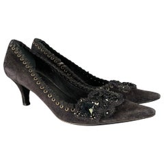 PRADA Size 7.5 Black Suede Beaded Embellishment Heels Pumps