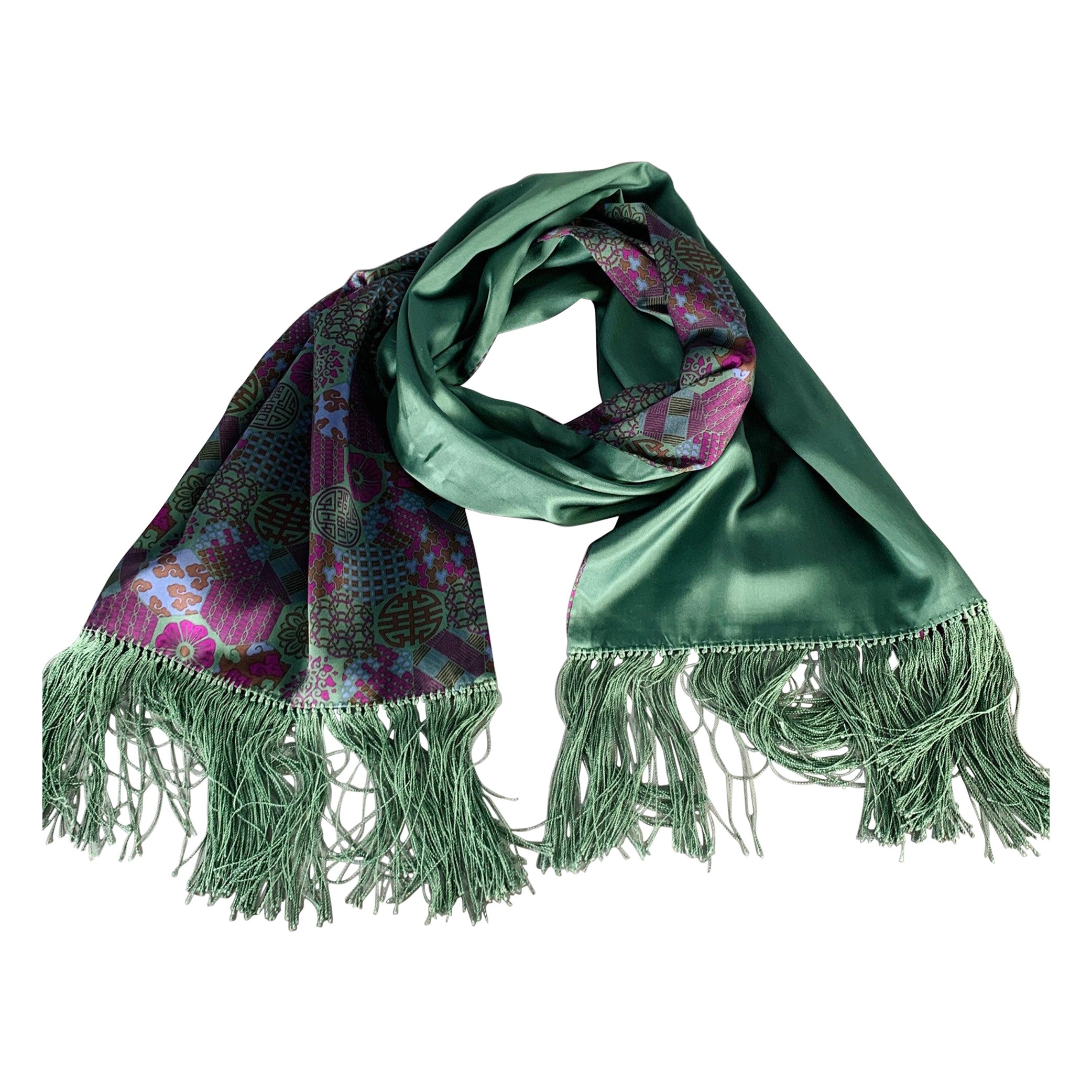 SHANGHAI TANG Green Purple Chinoiserie Silk Scarves For Sale