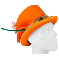 ETRO Size L Orange Applique Feather Felt Top Hat
