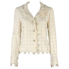 CHANEL Cream Cotton Camelia Pin Single breasted Jacket (Indoor) / Blazer
