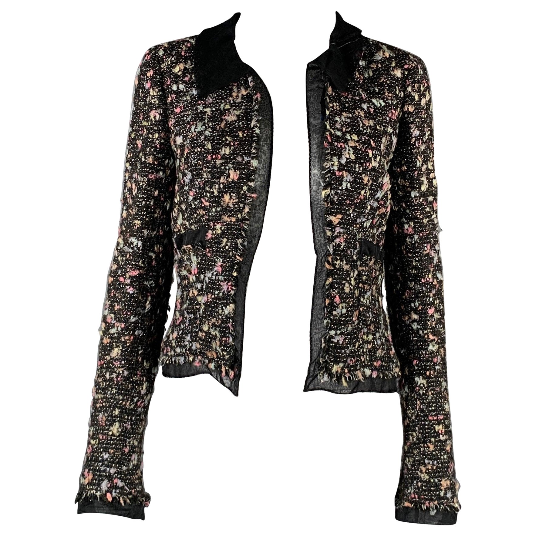 CHANEL Talla 4 Negro Multicolor Mezcla de Lana Chaqueta Abierta Delantera