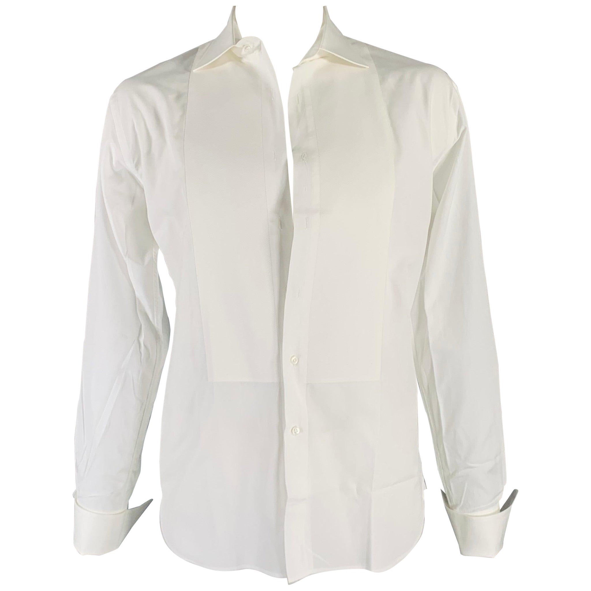 BERGDORF GOODMAN Size L White Cotton Tuxedo Long Sleeve Shirt For Sale