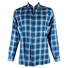 ERMENEGILDO ZEGNA Talla XL Camisa de manga larga con botones de algodón a cuadros azules