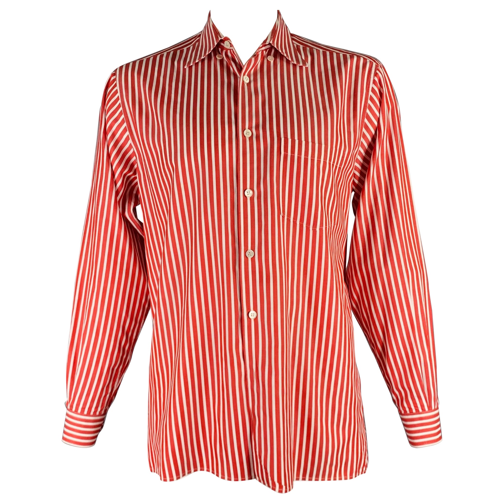 ERMENEGILDO ZEGNA Size L Red White Stripe Cotton Button Up Long Sleeve Shirt