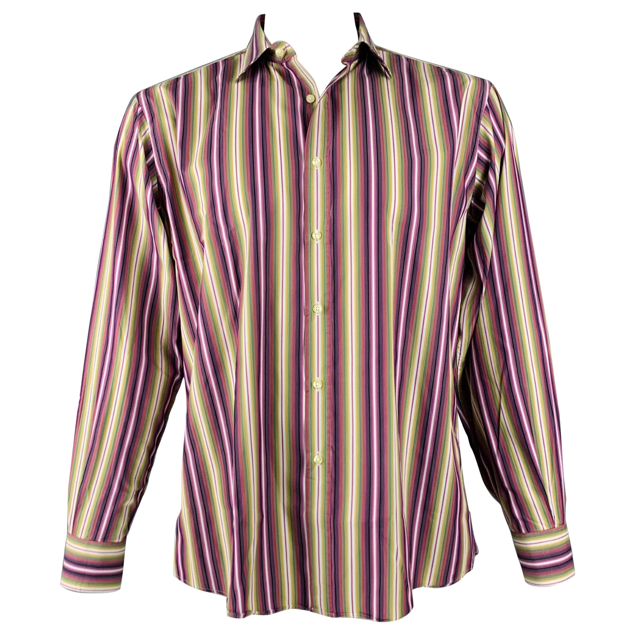 ETRO Size XL Purple Green Stripe Cotton Button Up Long Sleeve Shirt