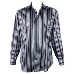 ETRO Size L Blue Purple Stripe Cotton Button Up Long Sleeve Shirt