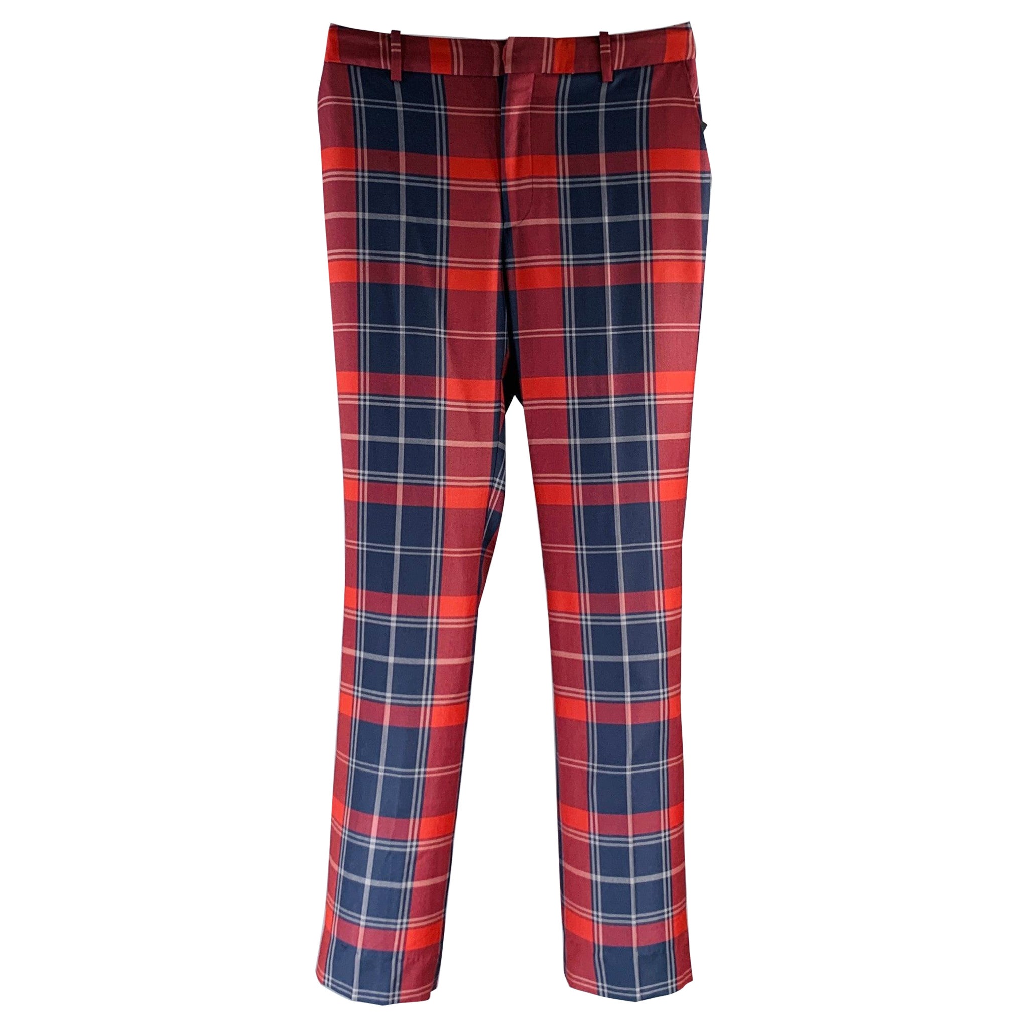 BLACK FLEECE Size 28 Burgundy Navy Plaid Wool Zip Fly Dress Pants For Sale
