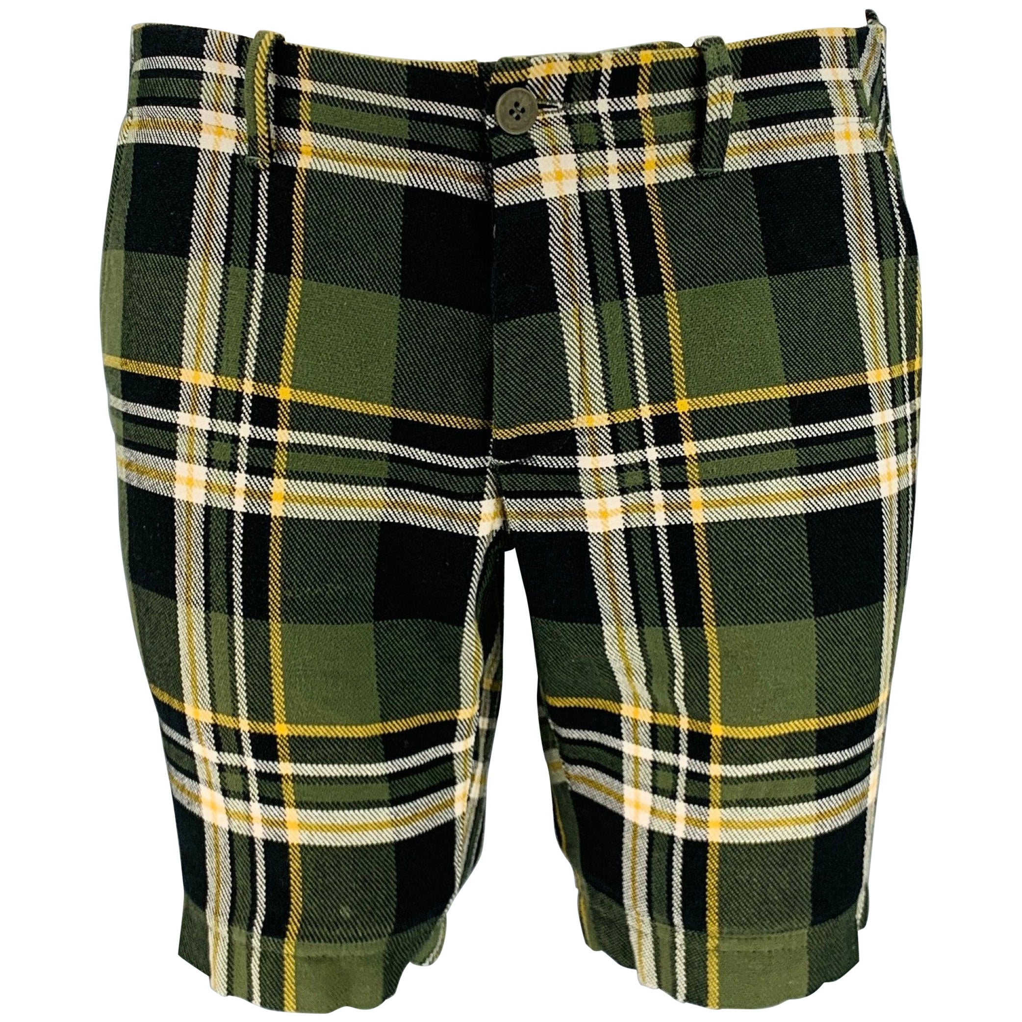 TOMAS MAIER Size 31 Green Yellow Plaid Cotton Button Fly Shorts