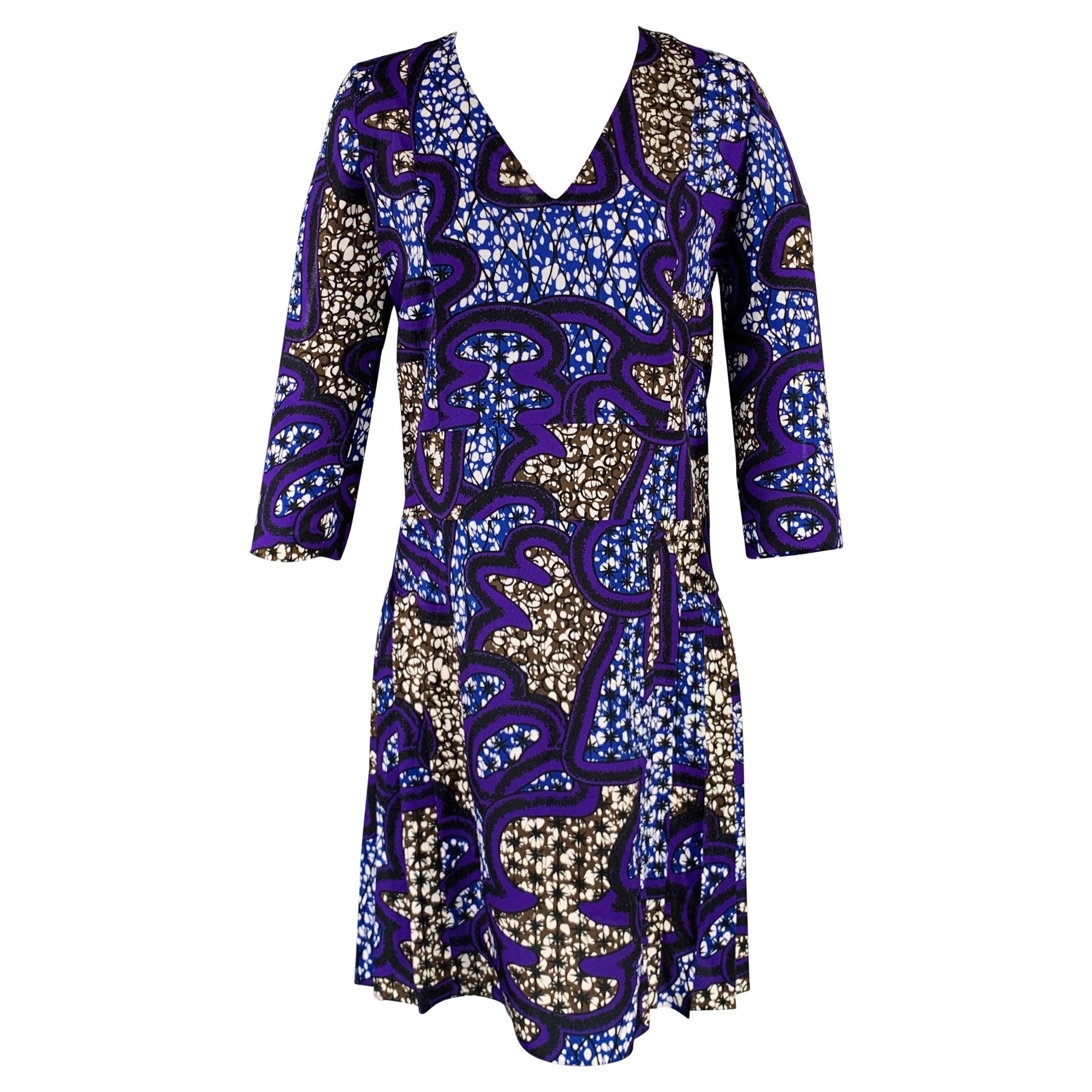 MARNI Size 4 Multi Color Polyester Abstract 3/4 Sleeves Dress