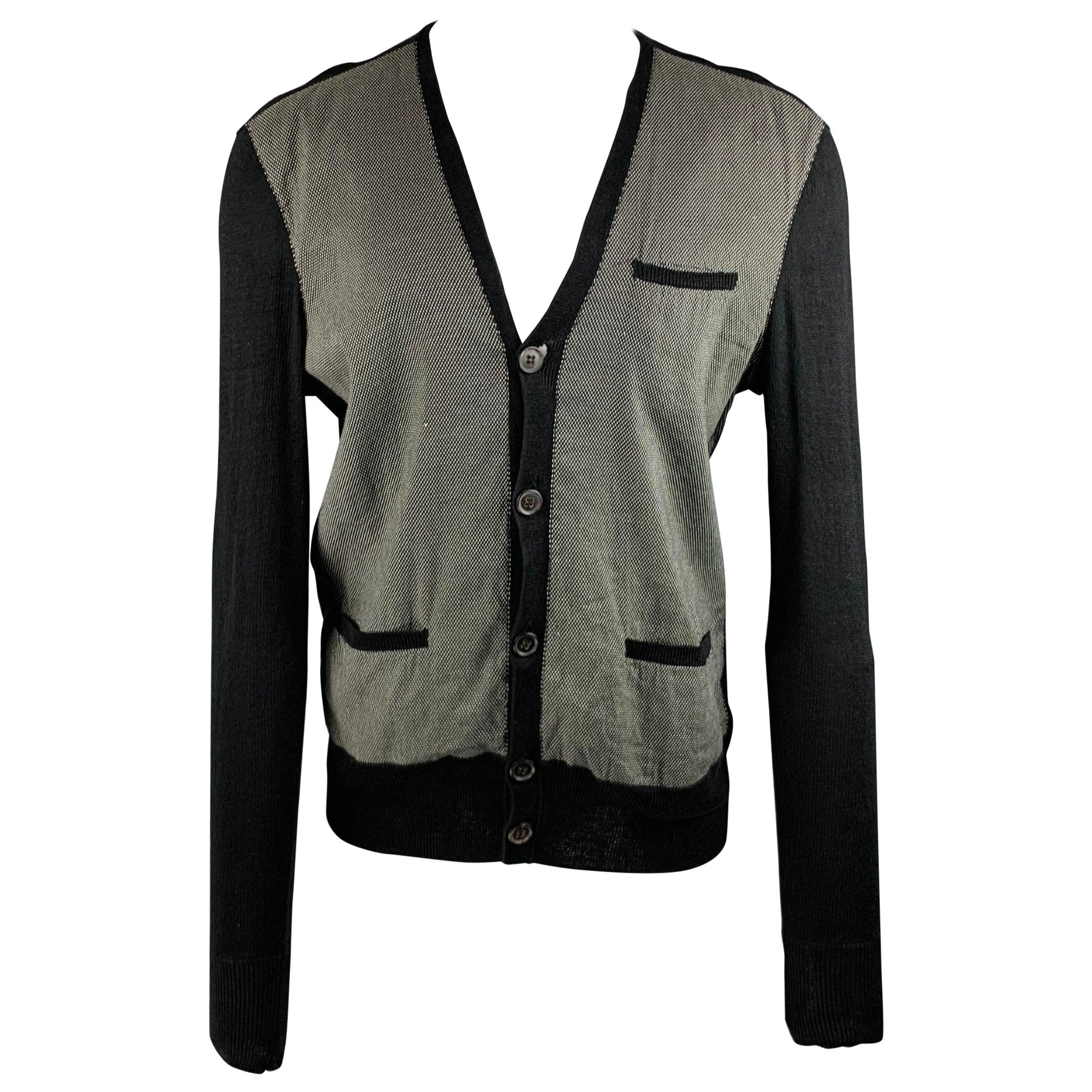 JOHN VARVATOS Size M Black White Nailhead Linen V-Neck Cardigan