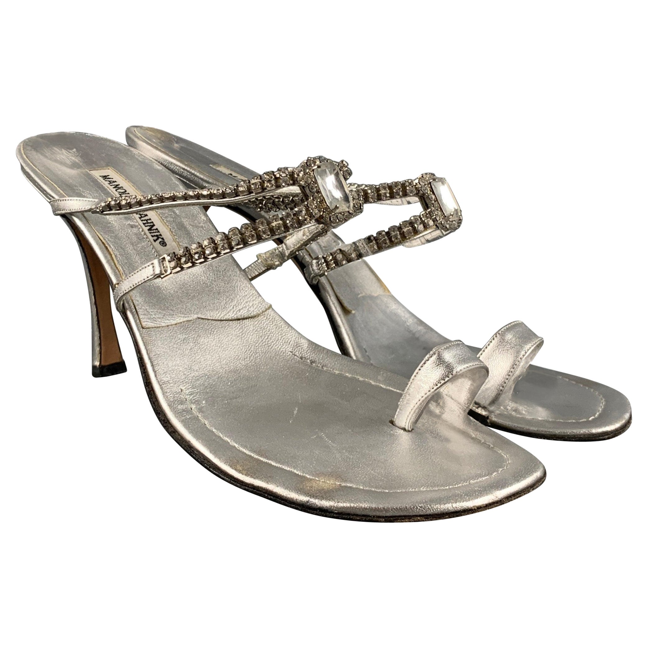 MANOLO BLAHNIK Size 10.5 Silver Leather Strappy Sandals