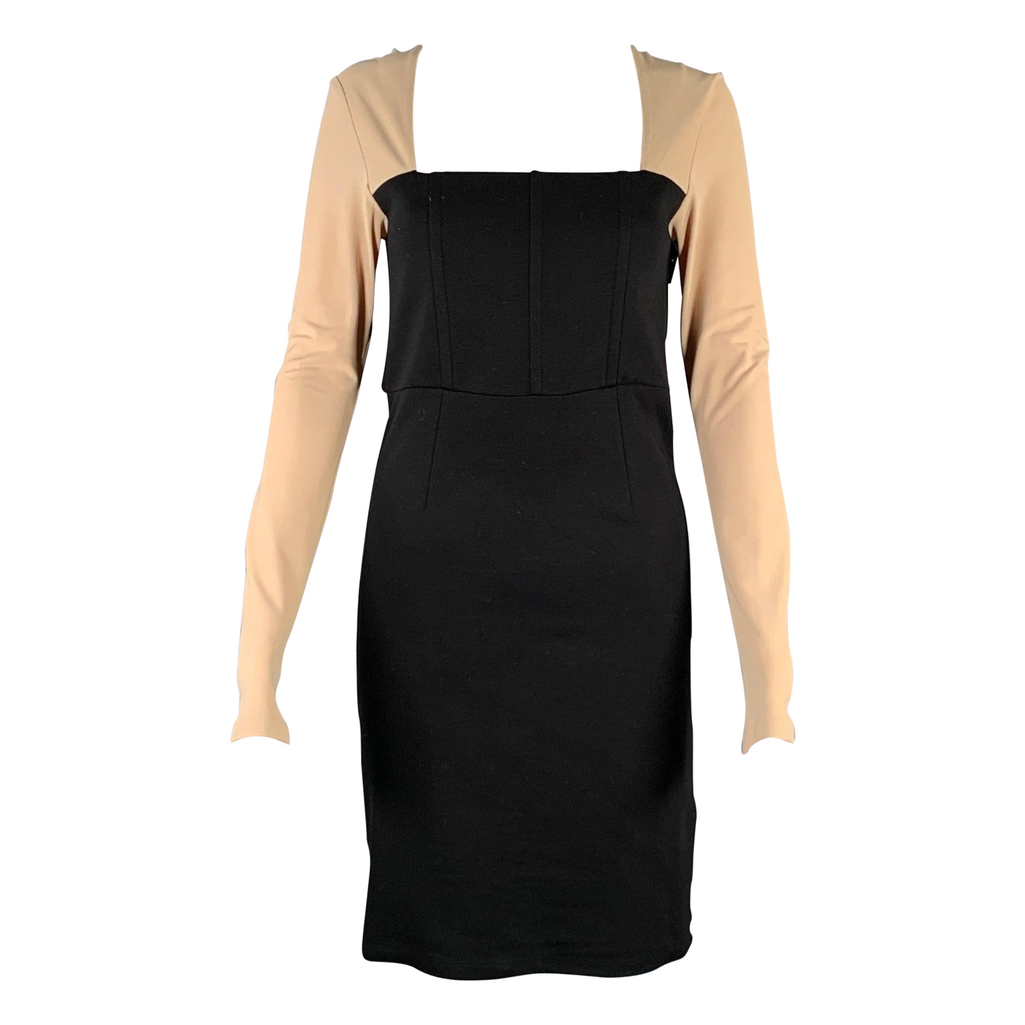 ALICE + OLIVIA Size 6 Black Nude Rayon Blend Color Block Long Sleeve Dress For Sale
