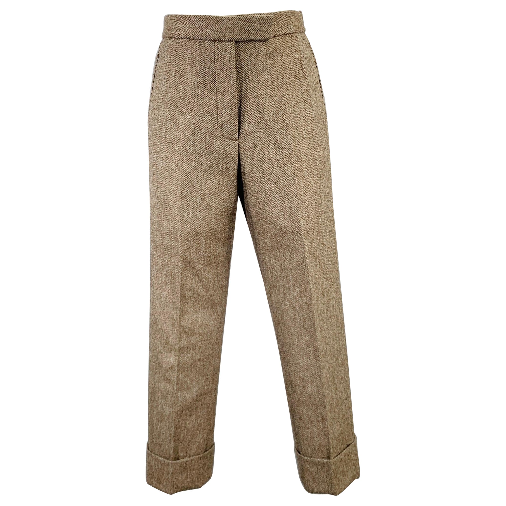 THOM BROWNE Size 2 Brown Olive Wool Herringbone Flat Front Dress Pants For Sale