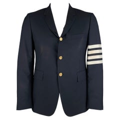 THOM BROWNE Talla 42 Chaquetón de rayas marinas de lana con solapa de muesca
