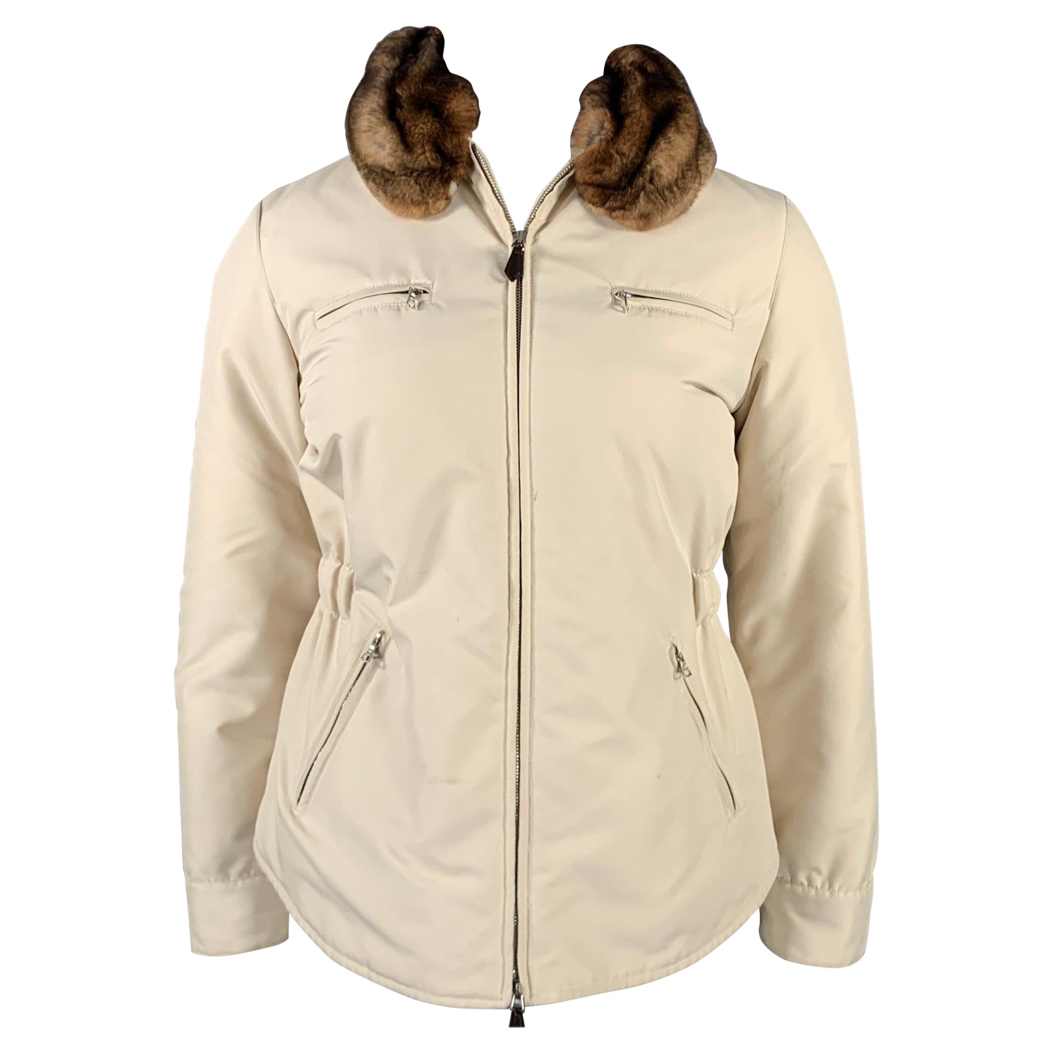 AGNONA Size 10 Cream Polyester Removable Fur Collar Zip Up Jacket