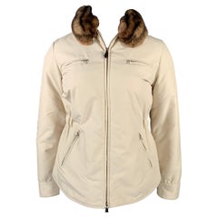 AGNONA Size 10 Cream Polyester Removable Fur Collar Zip Up Jacket