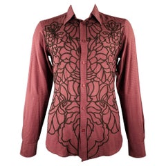 JUST CAVALLI Size L Burgundy Black Embroidery Cotton Silk Long Sleeve Shirt