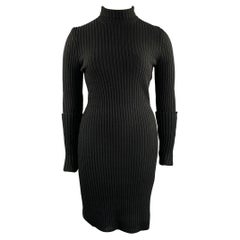 PACO RABANNE Rollkragenpulloverkleid aus schwarzer Wollmischung, gerippt, Größe L