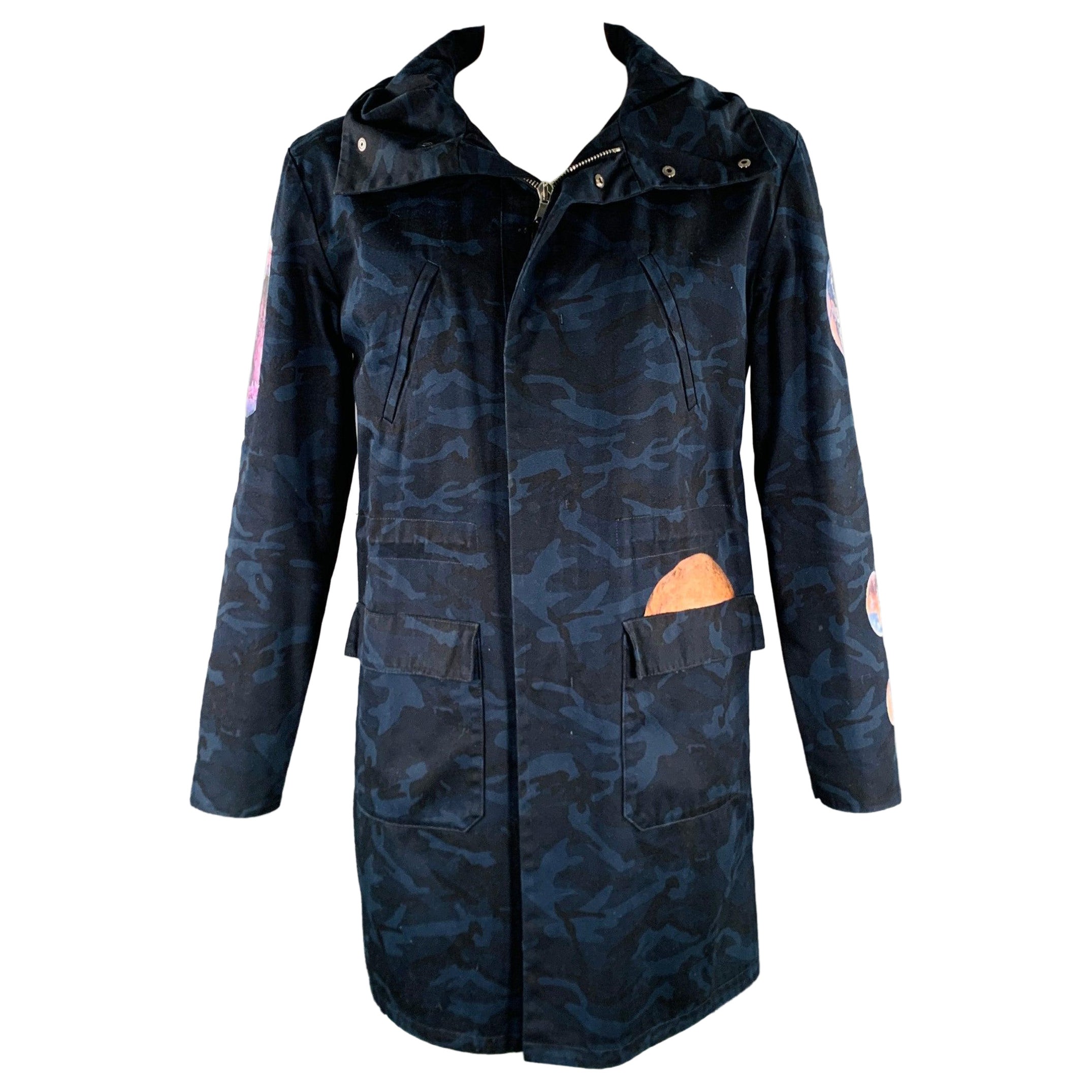 RAF SIMONS Size 42 Navy Black Camo Cotton Hooded Coat For Sale