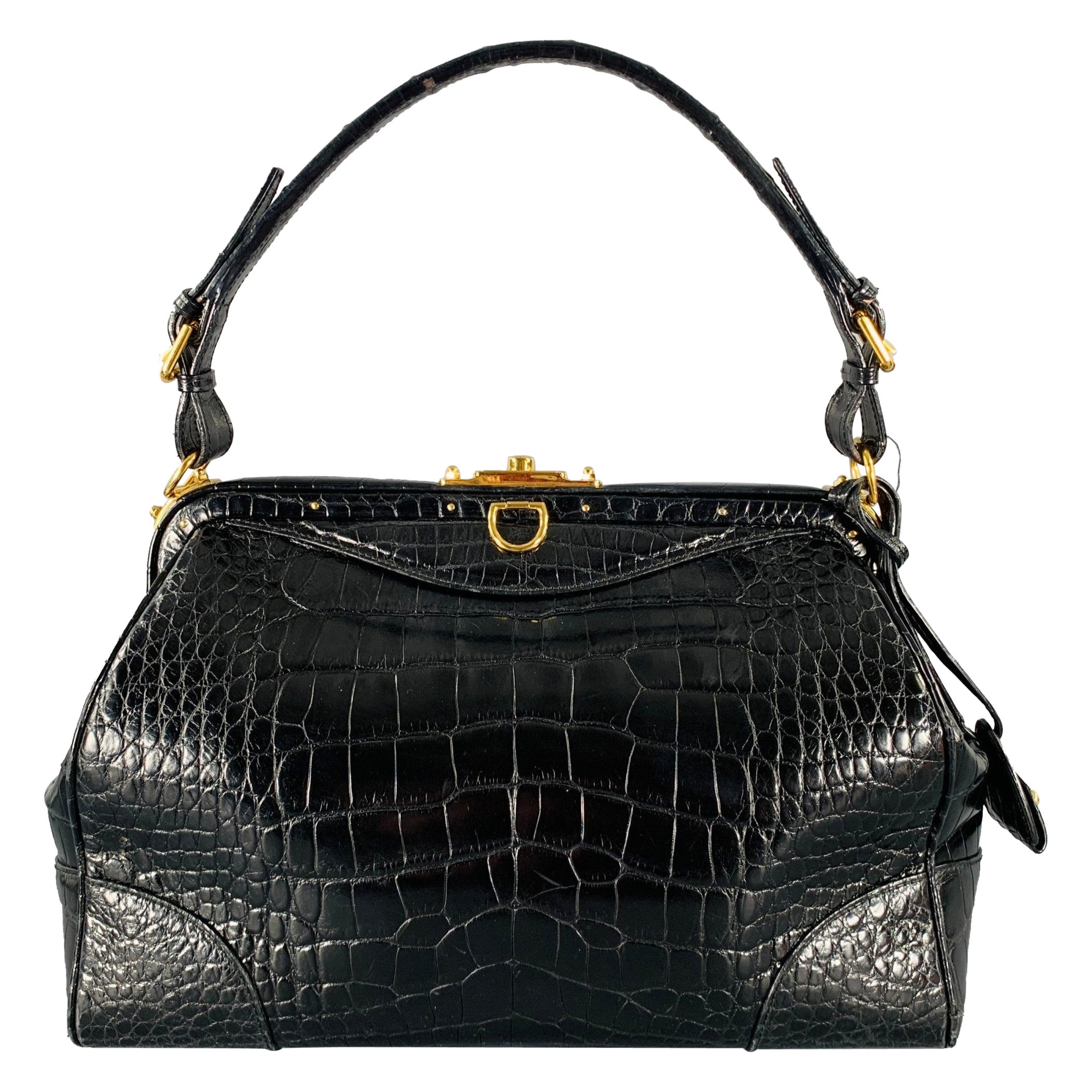 RALPH LAUREN COLLECTION Black Gold Alligator Doctor Handbag For Sale