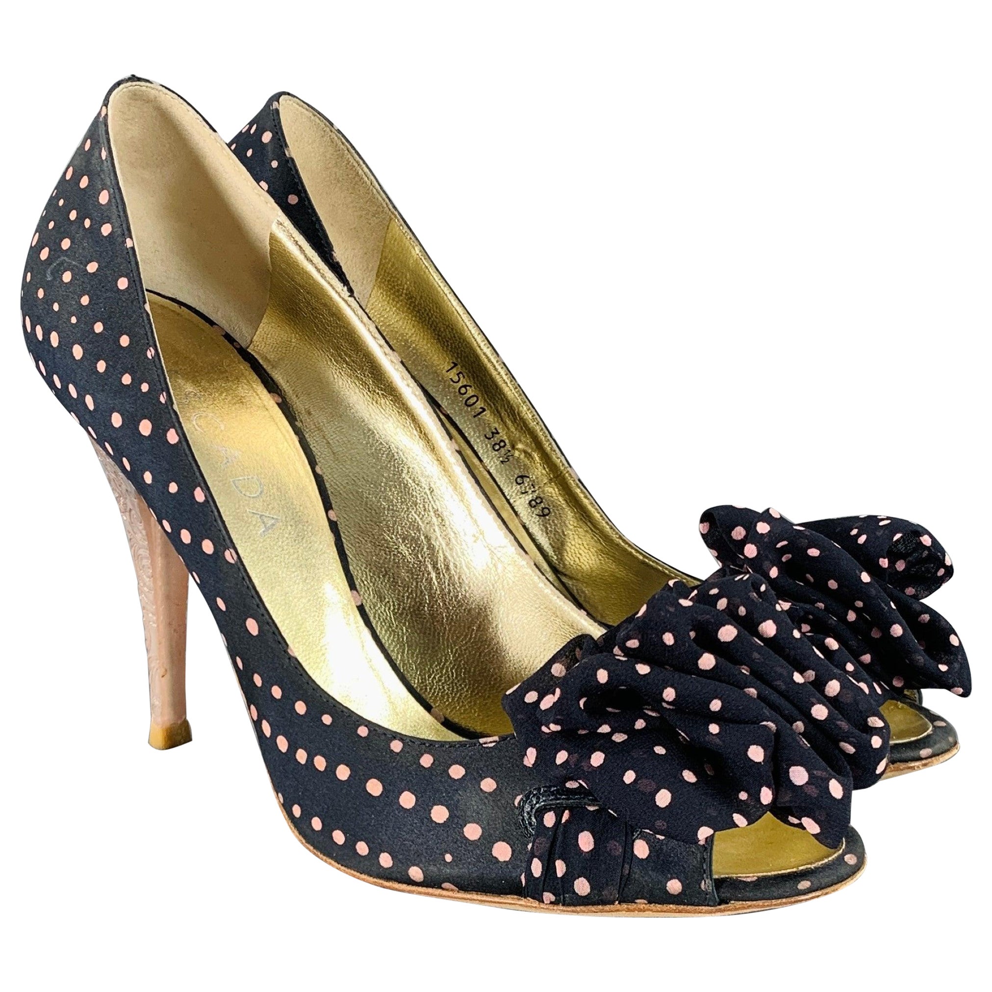 ESCADA Size 8.5 Navy Pink Silk Polka Dot Leather Trim Open Toe Pumps For Sale