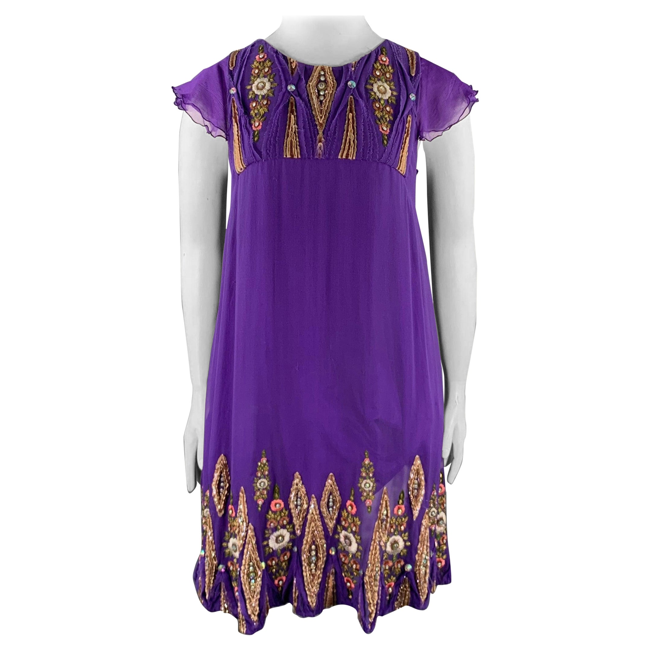 MATTHEW WILLIAMSON Size 10 Purple Gold Silk Embroidered Sleeveless Dress