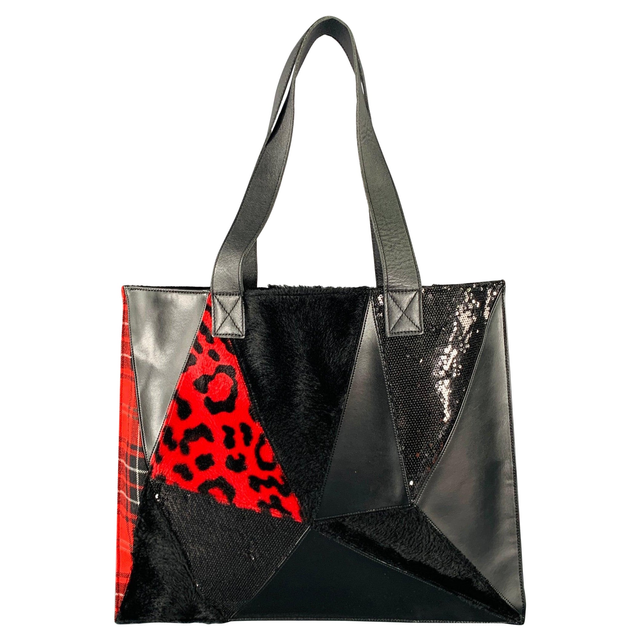 Junya Watanabe Black Red Mixed Materials Faux Fur Tote Handbag