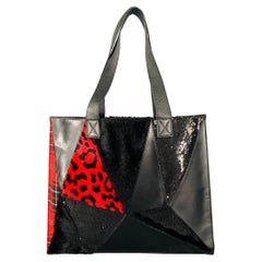 JUNYA WATANABE Black Red Mixed Materials Faux Fur Tote Handbag