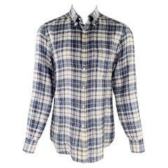 BRUNELLO CUCINELLI Size M Blue Brown Plaid Linen Button Down Long Sleeve Shirt