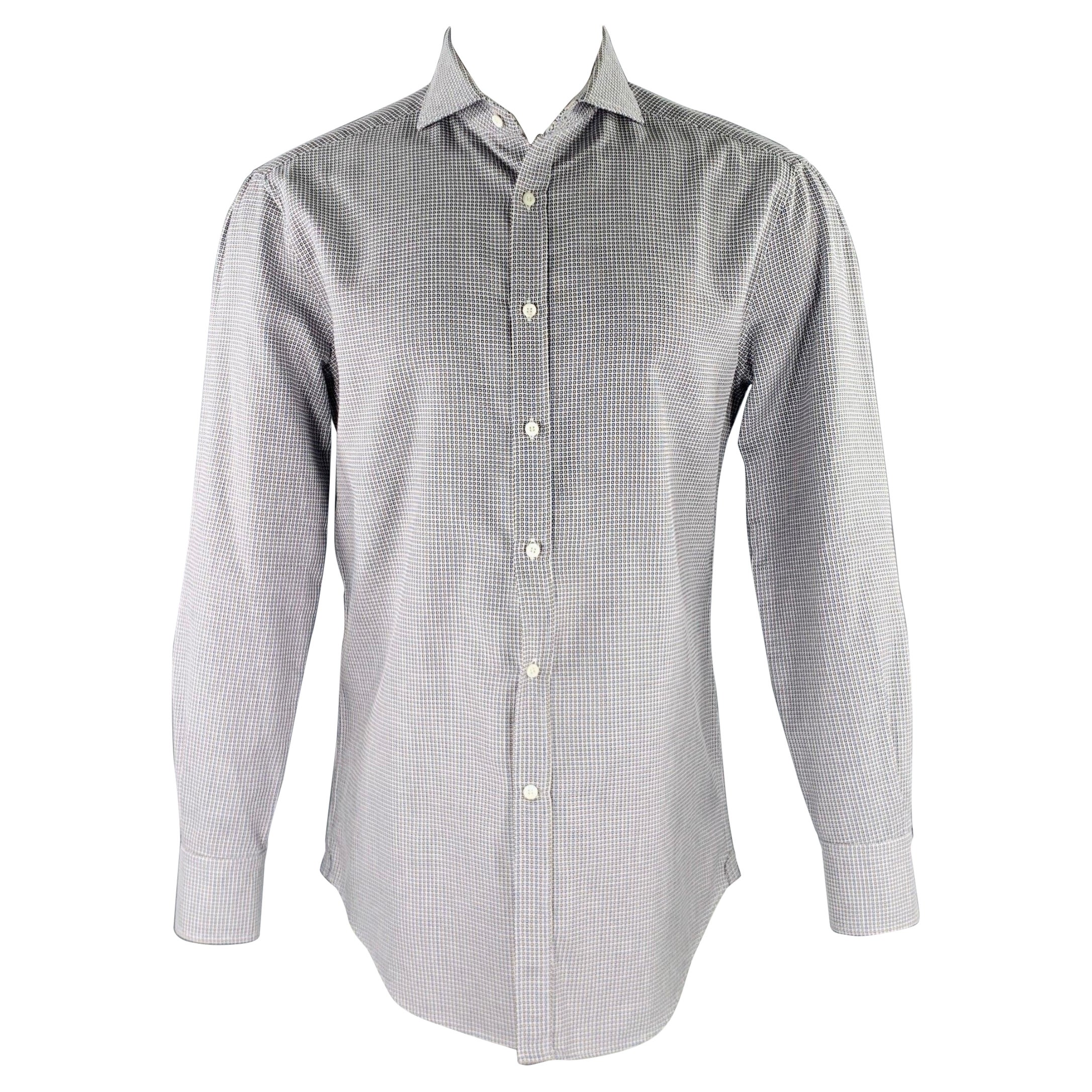 BRUNELLO CUCINELLI Size M Blue Brown Jacquard Cotton Long Sleeve Shirt For Sale