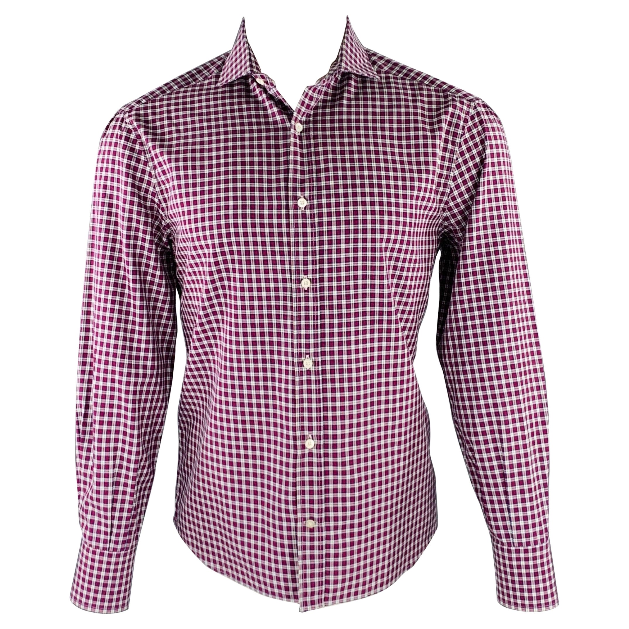 BRUNELLO CUCINELLI Size M Red White Plaid Cotton Long Sleeve Shirt For Sale