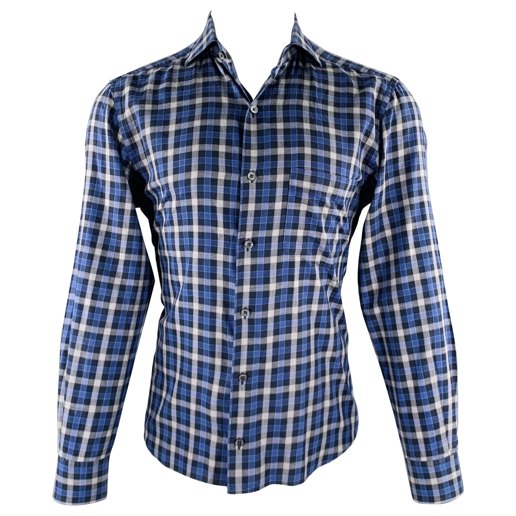 ERMENEGILDO ZEGNA Size M Blue Grey Checkered Long Sleeve Shirt For Sale