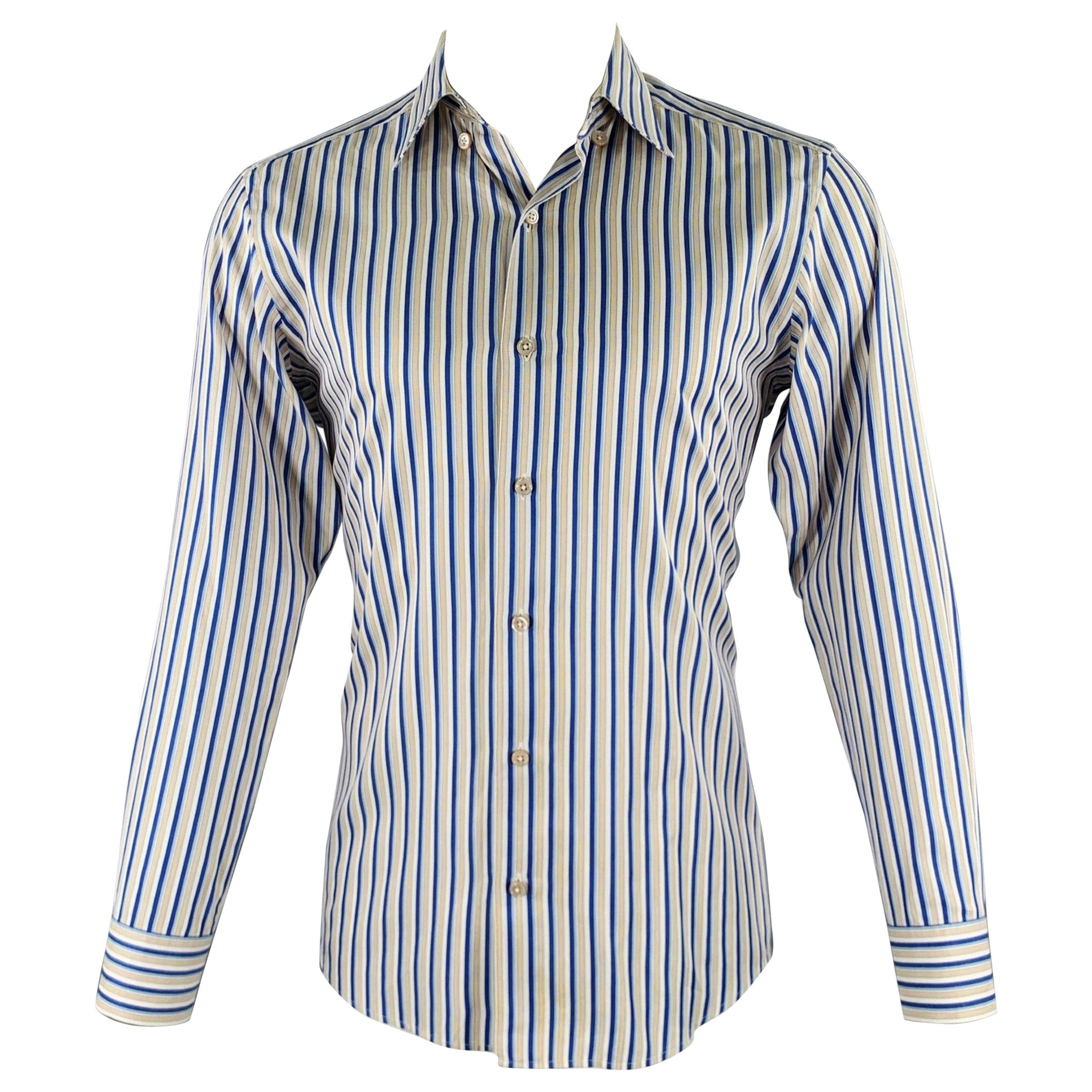 ERMENEGILDO ZEGNA Size M Blue Taupe Stripe Cotton Long Sleeve Shirt For Sale
