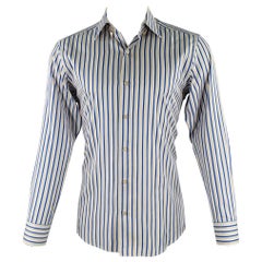 Ermenegildo Zegna Taglia M Camicia a maniche lunghe in cotone a righe blu e taupe