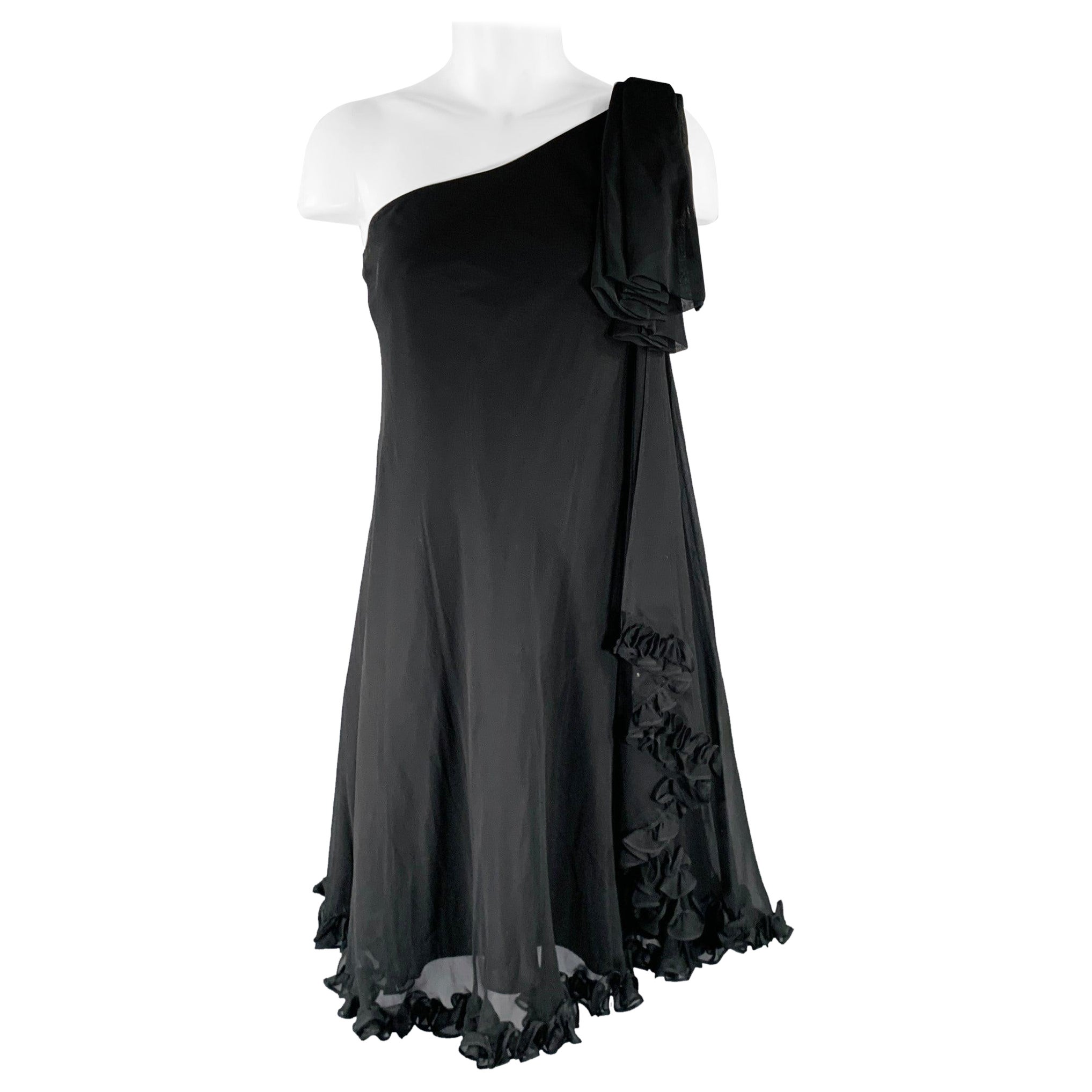 MARCHESA NOTTE Size 4 Black Silk Ruffled One Shoulder Cocktail Dress For Sale