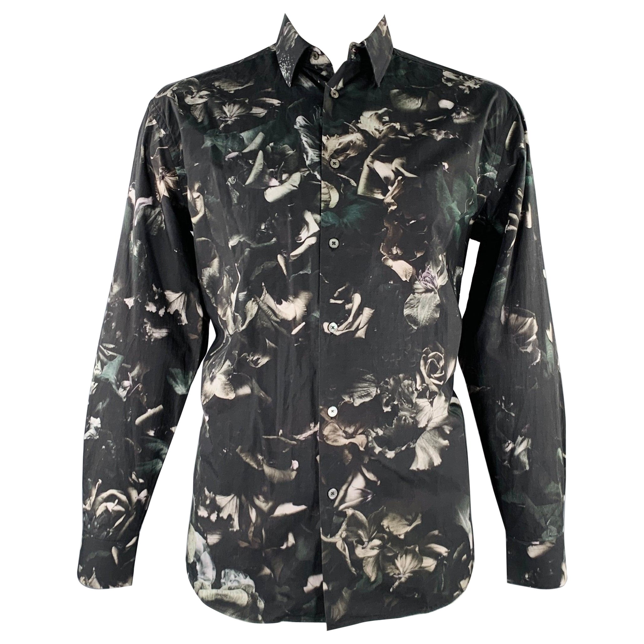 PAUL SMITH Size L Black Grey Floral Cotton Silk Button Up Long Sleeve Shirt For Sale