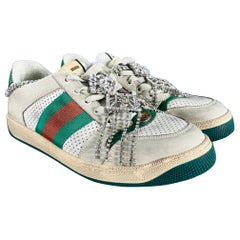 GUCCI Size 9 -Screener- Off White Distressed Leather Lace-Up Sneakers