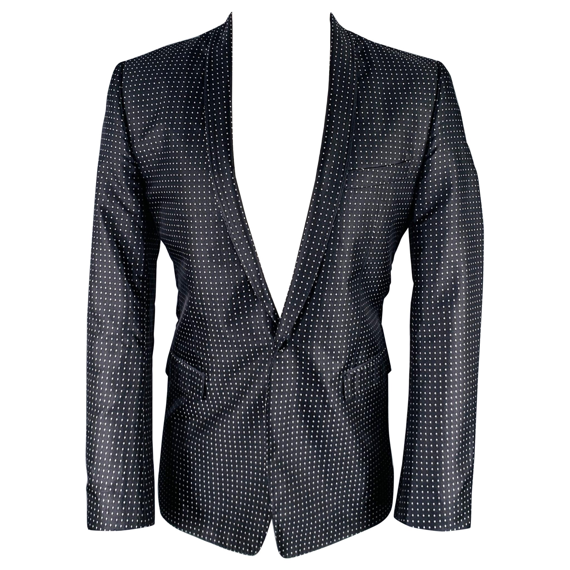 DOLCE & GABBANA Size 40 Black White Dots Silk Shawl Collar Sport Coat For Sale