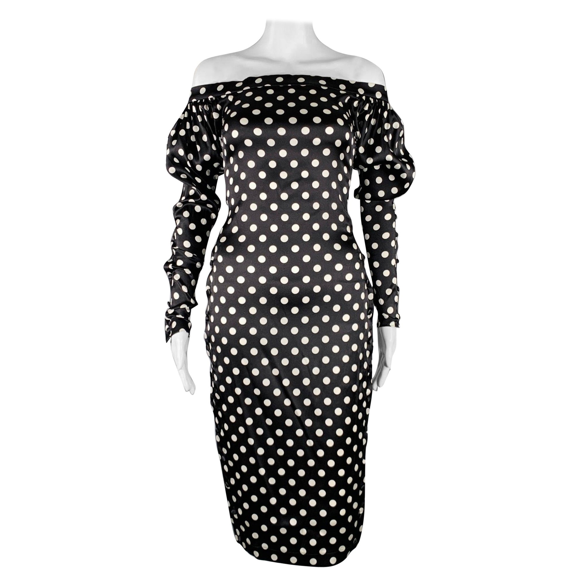 CAROLINE CONSTAS Talla XS Negro Blanco Mezcla de Seda Vestido de Manga Larga de Lunares en venta