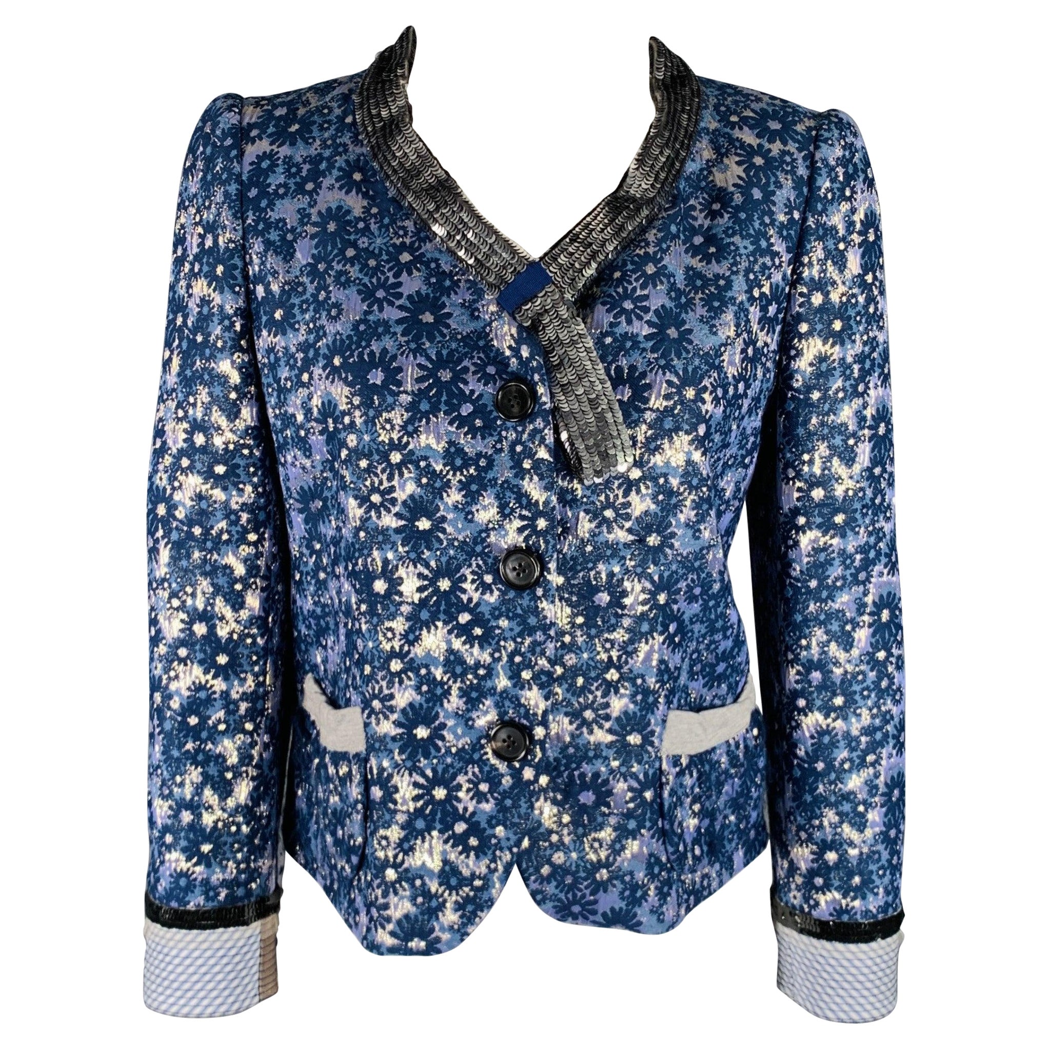 MARC JACOBS Size 6 Blue Silver Acetate Blend Floral Jacket For Sale
