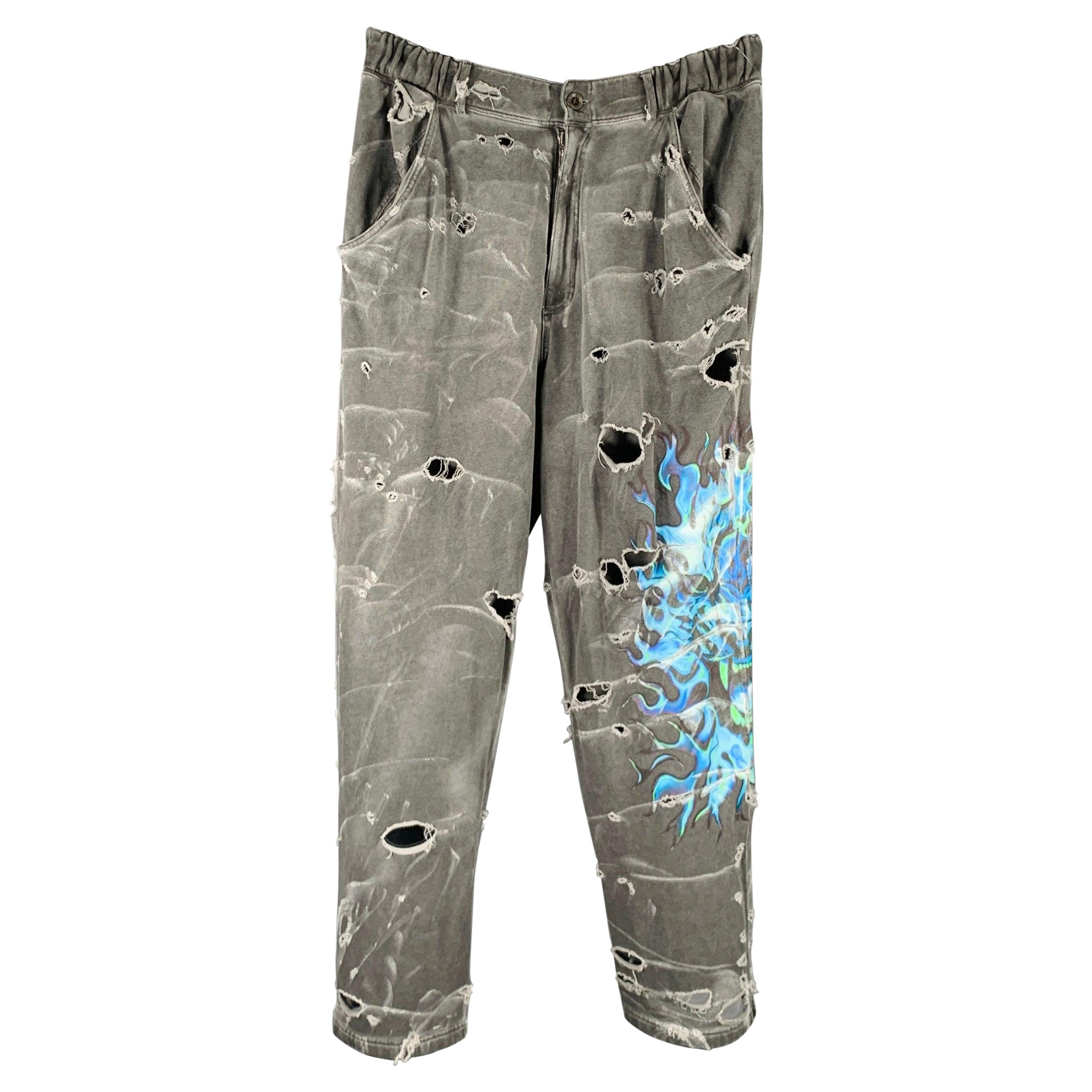 ROBERTO CAVALLI Size M Gray Blue Distressed Cotton Lounge Casual Pants For Sale