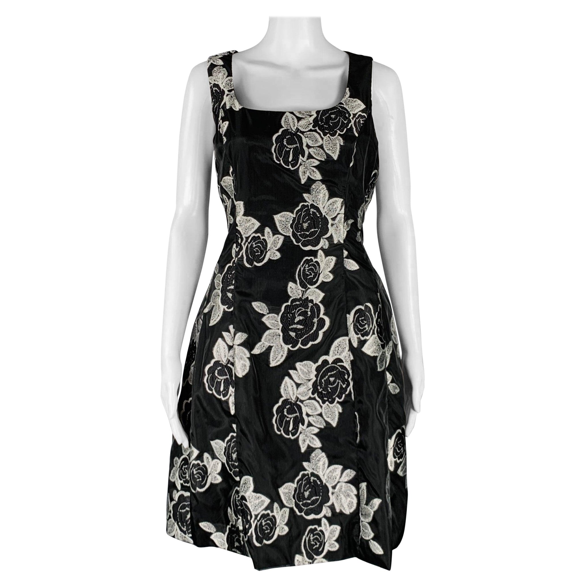 PRABAL GURUNG Size 10 Black Silver Polyester Floral A-Line Cocktail Dress For Sale