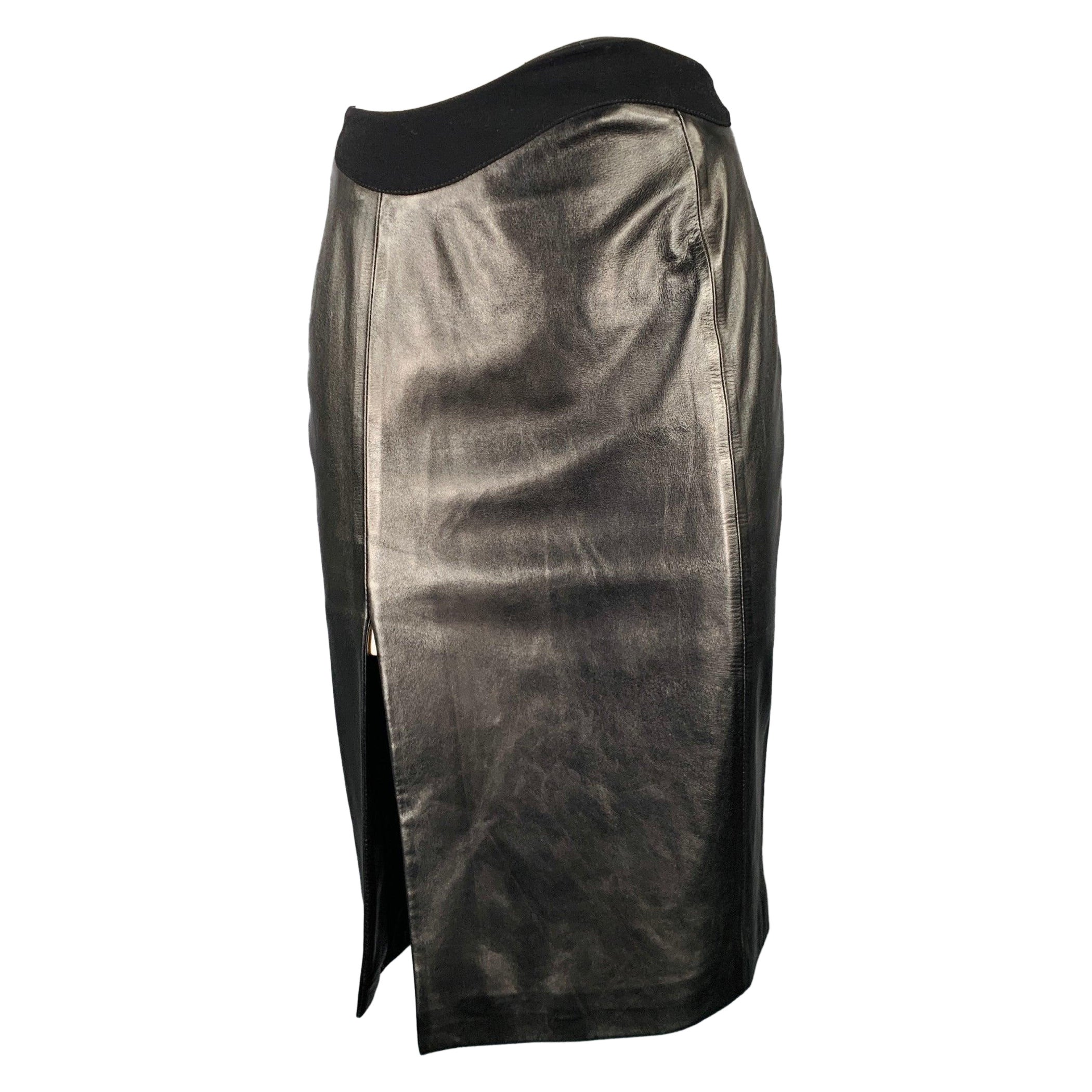 MUGLER Size 0 Black Lamb Skin Pencil Below Knee Skirt For Sale