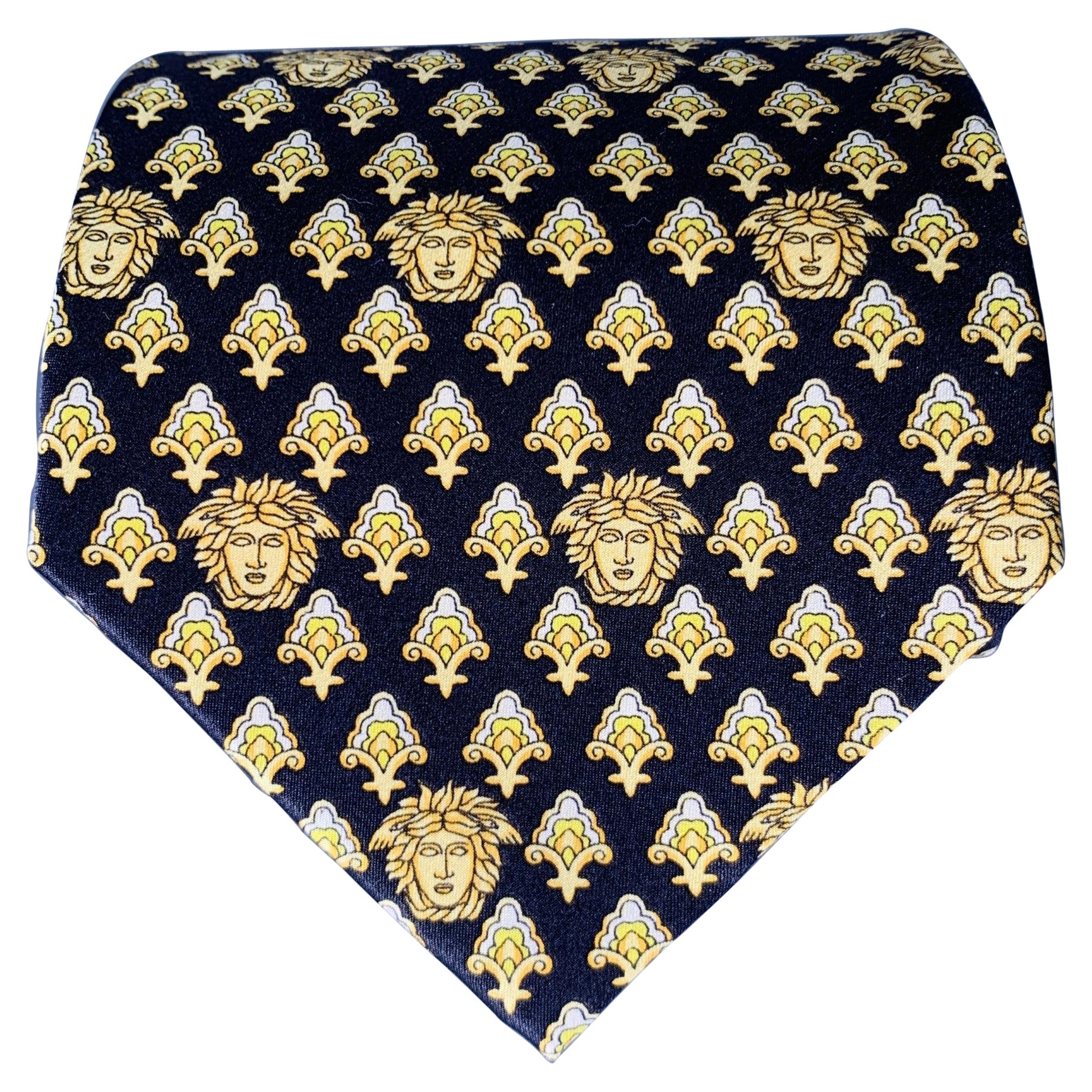 GIANNI VERSACE Black Gold Medusa Heads Silk Tie For Sale